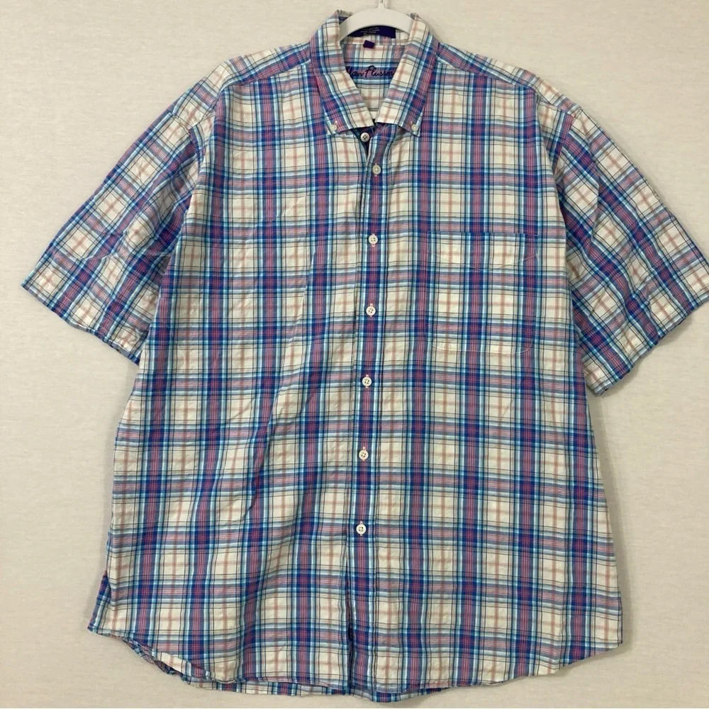Alan Flusser Plaid‎ Cotton Short Sleeve Button Down size XL